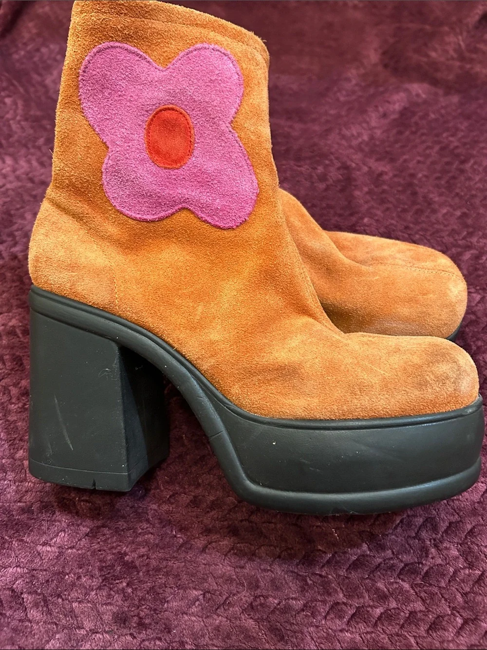 Halloween - Vintage Orange Suede Platform Ankle Boots with Pink Flower Accent